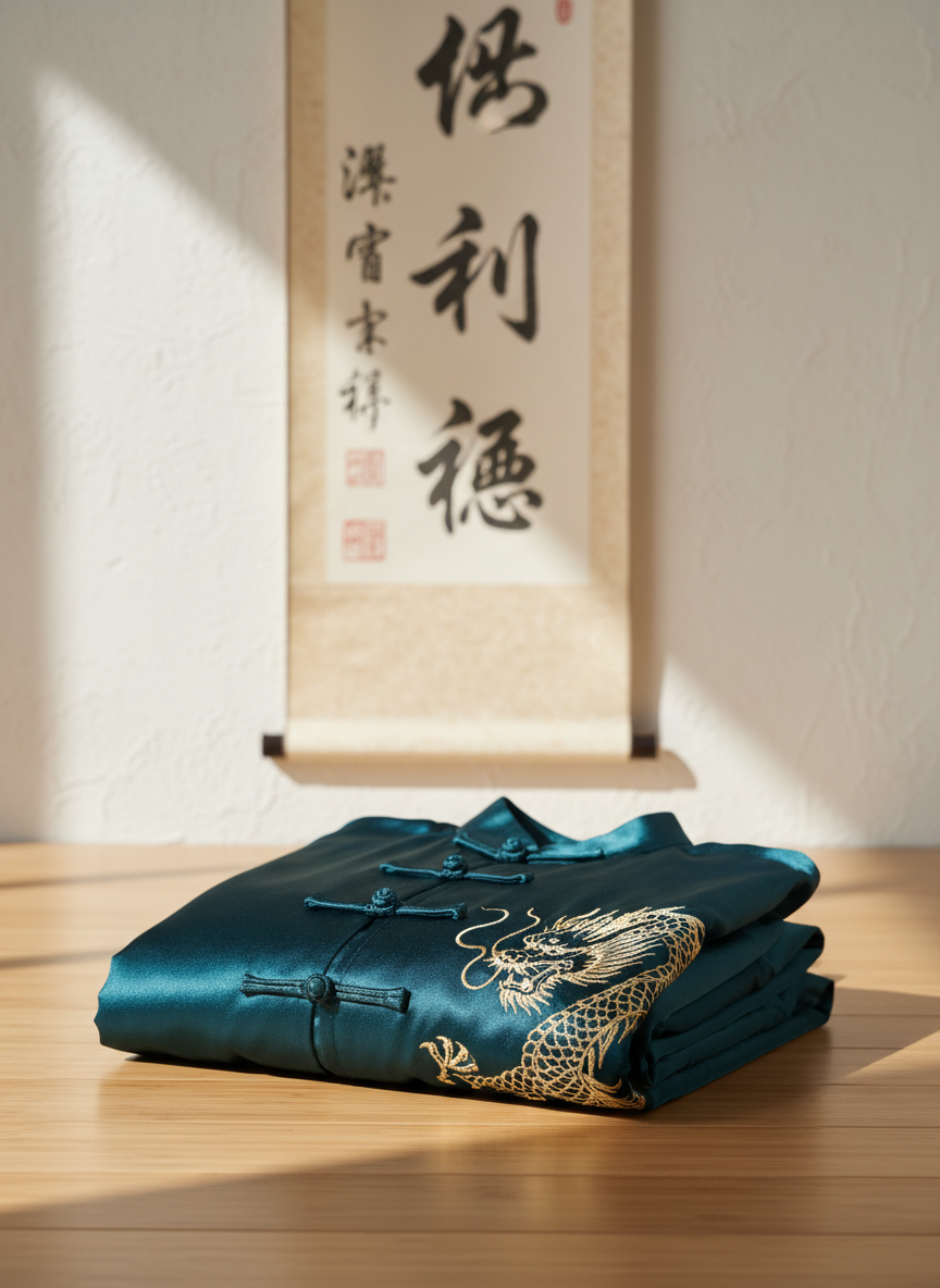 A meticulously folded dark teal silk Qigong uniform resting on a smooth, light bamboo floor, the fabric showing fine embroidery of a golden dragon along the hem. Behind it, an elegant vertical scroll with classical Chinese calligraphy hangs on a pale, textured wall. Soft morning sunlight filters in from an unseen window to the left, creating gentle highlights on the silk and long, calm shadows on the floor. Photographic realism with a clean, modern aesthetic, shot at eye level with a slight three-quarter angle. The depth of field is moderate, keeping the uniform sharp while subtly blurring the scroll, evoking a professional, serene atmosphere of disciplined practice and inner strength.