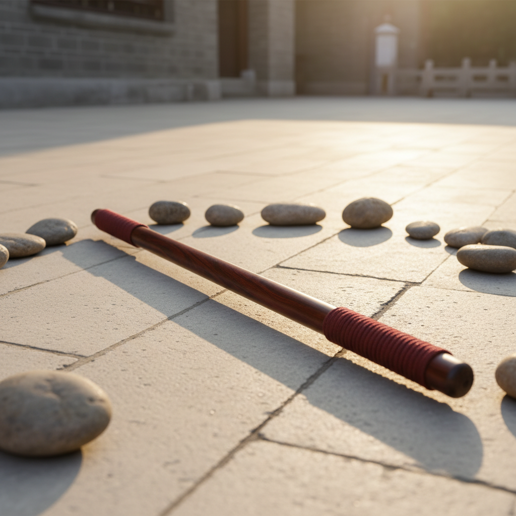 A polished, dark wooden Qigong practice staff lying diagonally across a pale stone courtyard tile, its grain rich and subtly glossy, ends wrapped in deep red woven cord. Around it, carefully placed smooth river stones form a loose circle, suggesting a practice space. Gentle late-afternoon sunlight falls from the right, casting elongated, quiet shadows and emphasizing the staff’s contours. Captured from a slightly elevated angle with shallow depth of field so the staff is in crisp focus while the stones and distant courtyard wall blur softly. The photographic style is realistic and minimal, conveying a grounded, professional mood that hints at focused Imperial Qigong training and cultivated stamina.